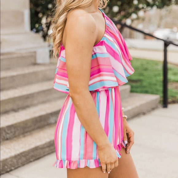 Pink Lily • Landed in Paradise Pink Striped Romper - Picture 4 of 8
